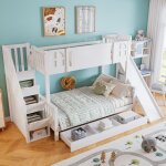 Lit superposé 90x200cm, lit enfant avec toboggan, tiroirs rangement, avec 4 casiers dans l'escalier, ... Lit superposé 90x200cm, lit enfant avec toboggan, tiroirs rangement, avec 4 casiers dans l'escalier, ...