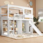 Lit superpos 90x200cm, lit mezzanine simple pour enfant avec toboggan, armoire, tagre, mdf + contreplaqu ...