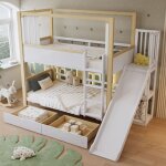 Lit superpos� 90x200cm en pin, lit enfant avec 2 tiroirs � roulettes, toboggan, rideau en tissu et rangement ...