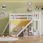 Lit superpos� 90x200cm en pin massif avec �chelle et toboggan de rangement - blanc