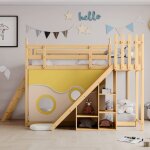 Lit superpos� 90x200cm en pin massif avec �chelle et toboggan de rangement - naturel