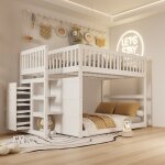 Lit superpos� bas lit enfant 140 x 200 cm avec compartiments de rangement ouverts, cadre de lit en bois ...