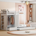 Lit superpos 90x200 cm lit enfant 3 places avec lit gigogne, armoire, clture haute et sommier  lattes, ...