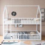 Lit superpos cabane 140x200 cm, 2 places, lit enfant avec sommier  lattes, barrire de scurit, escalier, ...