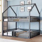 Lit superpos cabane 140x200 cm, 2 places, lit enfant avec sommier  lattes, barrire de scurit, escalier, ...