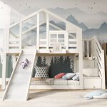 Modernluxe - lit superpos� cabane 90x200cm en bois massif - avec escalier de rangement(2 tiroirs) et ...