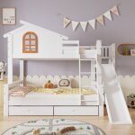 Modernluxe - lit superposé cabane avec toboggan + tiroirs - cadre en pin - 90x200cm + 120x200cm - blanc ... Modernluxe - lit superposé cabane avec toboggan + tiroirs - cadre en pin - 90x200cm + 120x200cm - blanc ...