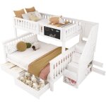 Libert - lit superpos double 90x200 + 140x200 cm, avec tableau noir et tiroirs, en bois massif, blanc ...