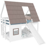 Lit superpos� enfant 140 x 200 cm - avec toit - �chelle et toboggan - blanc et marron?sans matelas?