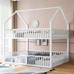 Lit superpos enfant 140x200 cm en mtal, lit simple design maison avec escalier, barrires de scurit ...