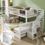 Lit superpos enfant en bois 90 / 140200cm, 2 tiroirs, chelle de rangement, antichute, sans matelas, ...