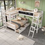 Lit superposé enfant avec bureau , lit double, avec 2 tiroirs de rangement, pin, blanc - 140x200cm / ... Lit superposé enfant avec bureau , lit double, avec 2 tiroirs de rangement, pin, blanc - 140x200cm / ...