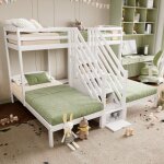 Hauss spole - lit superpos� enfant 90�200cm, pour 3 personnes, avec escalier de rangement, pin, sans ...