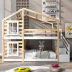 Lit superpos enfant en bois 90x200cm, lit cabane, escalier de rangement, antichute, sans matelas, sommier ...