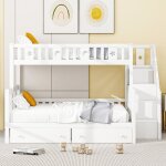 Lit superpos� enfant 90 x 200 cm et 140 x 200 cm avec 2 grands tiroirs et sommier � lattes, blanc