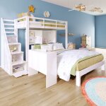 Lit superpos� enfant 90x200 cm et 140x200 cm avec �tag�re, escalier de rangement et table, sans matelas, ...