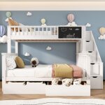 Lit superpos 90x200 cm et 140x200 cm, lit superpos enfant avec tableau noir et tiroirs, sans matelas, ...