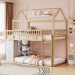 Lit superpos pour enfant 90 x 200 cm, forme de maison, conception de clture de scurit, avec coffre ...