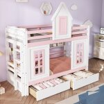 Lit superpos enfant 90 x 200 cm avec toit et fentre, grille antichute, garde - corps, 2 tiroirs, tagre, ...