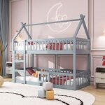 Lit superpos 90x200 cm lit enfant cabane 2 places lit simple bas avec escalier, en bois massif, vert ...