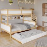 Lit superpos enfant 90x200 + 120x200cm, pin + mdf, lit enfant avec armoire et escalier d'angle de rangement, ...