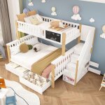 Lit superpos enfants 90x200 + 140x200 cm, lit 2 place en bois, lit multifonctionnel, tableau et tiroirs, ...