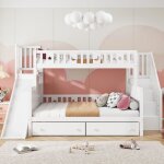 Lit superpos� enfant 90x200 cm + 140x200 cm, avec toboggan et escalier de rangement, 2 tiroirs, barri�re ...