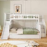 Lit superpos� enfant 90x200 cm + 140x200 cm avec toboggan et escalier de rangement, sommier � lattes ...