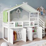 Lit superposé enfant 90x200 cm avec barrière de sécurité, armoire et 2 casiers, 3 casiers dans l'escalier, ... Lit superposé enfant 90x200 cm avec barrière de sécurité, armoire et 2 casiers, 3 casiers dans l'escalier, ...