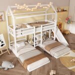 Lit superposé enfant 90x200 cm en bois, design 3 couchages, avec toboggan, antichute, sans matelas, blanc ... Lit superposé enfant 90x200 cm en bois, design 3 couchages, avec toboggan, antichute, sans matelas, blanc ...