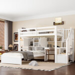 Lit superpos� enfant 90x200 cm avec bureau int�gr� et lit bas, escalier � rangements, pin + mdf, blanc ...