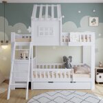 Lit superpos� enfant 90x200 cm, avec deux tiroirs et bureau, protection antichute, sommier � lattes, ...