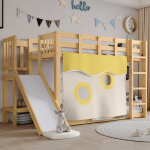 Lit superpos� enfant 90x200 cm avec escalier, toboggan et rideaux, barri�res de s�curit�, mdf & pin, ...
