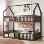 Lit superpos� enfant 90x200 cm en m�tal, lit simple design maison avec escalier, barri�res de s�curit� ...