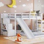 Lit superpos enfant 90x200 cm, avec toboggan et escalier  casier, avec grille antichute, sommier  ...