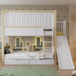 Lit superposé enfant 90x200 pin / mdf blanc / naturel, 2 tiroirs roulettes + toboggan, rideau tissu - ... Lit superposé enfant 90x200 pin / mdf blanc / naturel, 2 tiroirs roulettes + toboggan, rideau tissu - ...