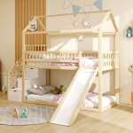 Lit superpos enfant 90x200 - toboggan, chelle rangement, haute clture - bois massif couleur bois (sans ...