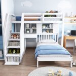 Hauss spole - lit superpos enfant 90x200cm, avec bureau + etagres de rangement, escalier de rangement, ...