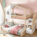 Lit superpos� enfant en bois 90 / 140x200cm 3 personnes, lit cabane, avec �chelle de rangement, sans ...