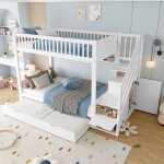 Lit superpos� enfant en bois 90�190 / 200cm, avec lit gigogne, armoire et escalier de rangement, antichute, ...