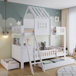Hauss spole - lit superpos� enfant en bois 90x200cm avec 2 tiroirs et 1 bureau, lit cabane, sans matelas, ...