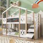 Lit superpos� enfant en bois 90x200cm, lit cabane, escalier de rangement, antichute, sans matelas, sommier ...