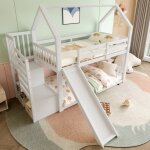 Lit superpos� enfant en bois 90x200cm, en forme de maison, avec toboggan et �chelle de rangement, sans ...