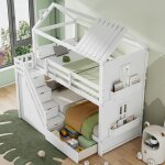 Lit superpos� enfant lit cabane 90 x 200 cm en bois avec escaliers de rangement, tiroirs, �tag�res, sans ...
