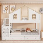 Lit superpos 90x200 cm lit enfant 2 places avec barrire de scurit et 2 tiroirs  roulettes, en bois ...