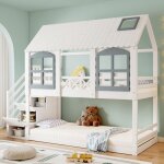 Lit superposé 90x200 cm lit enfant, lit cabane avec grille antichute et 3 casiers dans l'escalier, en ... Lit superposé 90x200 cm lit enfant, lit cabane avec grille antichute et 3 casiers dans l'escalier, en ...