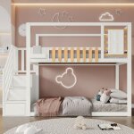 Lit superpos avec escalier, fentre et tagre, cadre en pin massif, lit bb avec 3 compartiments de ...