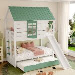 Lit superpos� maison 90x200 avec toboggan et lit gigogne - coloris blanc et vert pour chambre d'enfant ...