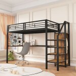Lit mezzanine 90x200 cm en fer avec table et armoire, chelle latrale avec main courante, noir et bois ...
