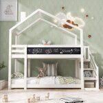 Modernluxe - lit superpos� cabane 90x200cm en bois massif - avec escalier de rangement(2 tiroirs) et ...